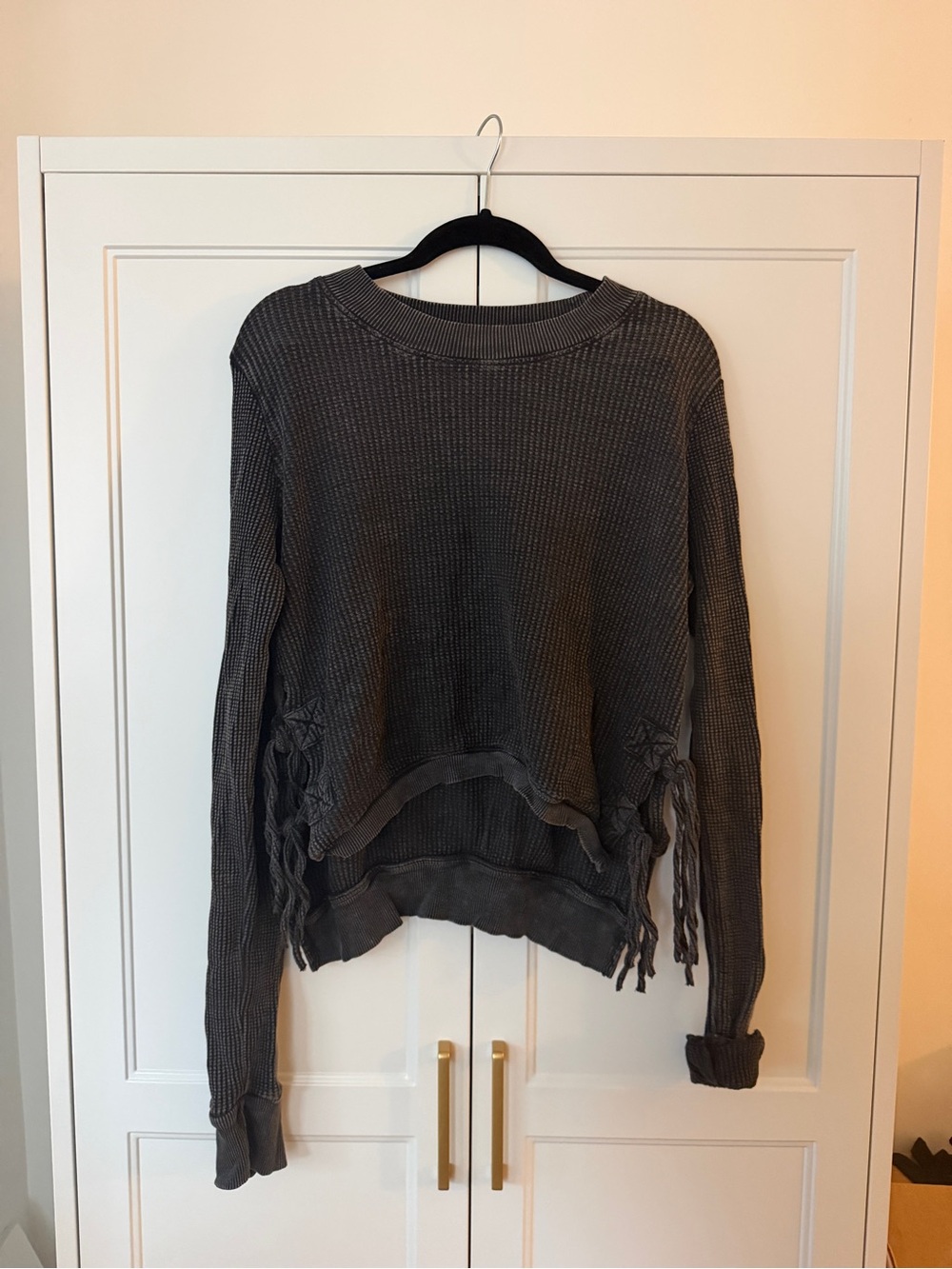 Free People Charcoal Fringe Hem Knit Pullover